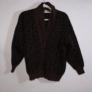 Vintage Wang Kong Trading Co. Red And Black Knitted Cardigan With Rainbow Hairs